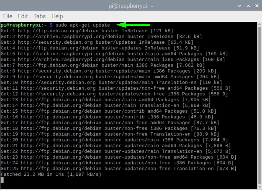 A screenshot of sudo apt-get update command in Raspbian